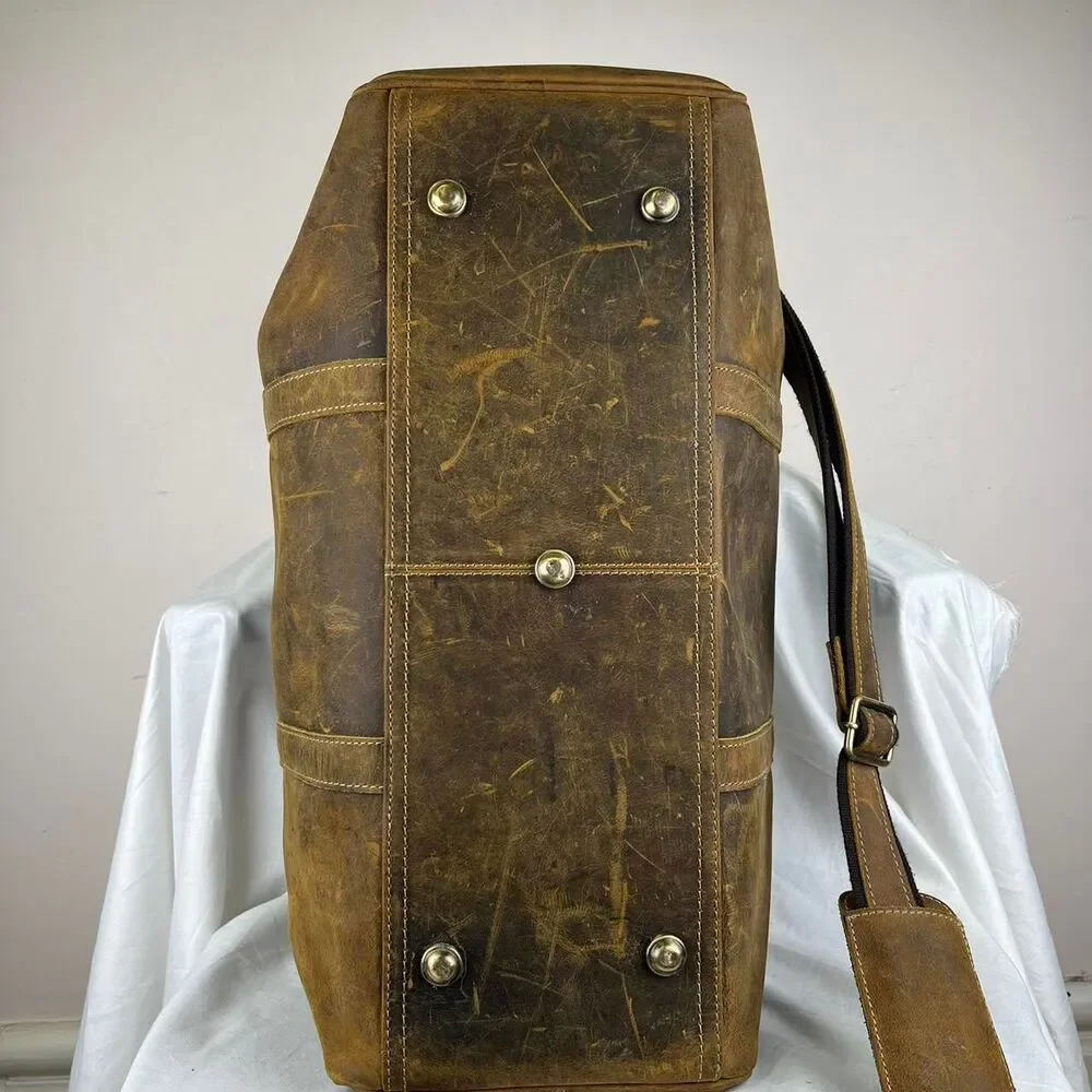 Komalc Leather Travel Bag Weekend Bag Duffle Bag Brown With Shoulder Strap